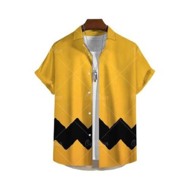 Imagem de Camisa Masculina Amarela Oversized Com Estampa Havaiana, Blusa Casual 