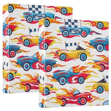 Imagem de Fichários personalizados com estampa de chamas de carros de corrida de 3 cm, 3 anéis, 200 folhas, fichário de escritório, 31,5 x 27 x 6 cm, pacote com 2