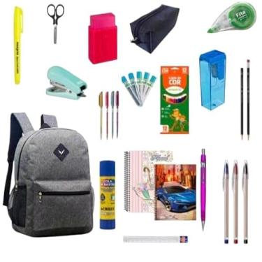 Imagem de Kit Material Escolar Completo 33 Item Com ou Sem Mochila Caneta Caderno Grampeado Lista Premium 2026 (CINZ)