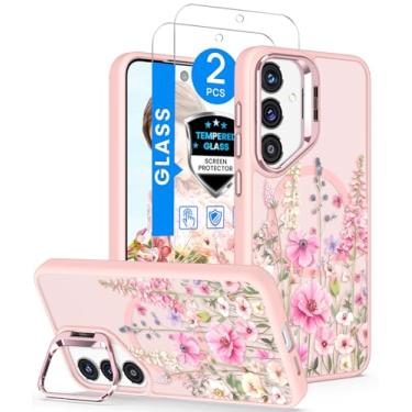 Imagem de Dretal Capa magnética para Samsung Galaxy A17 5G floral, suporte de lente integrado, 2 protetores de tela, capas magnéticas translúcidas foscas, flores femininas e meninas à prova de choque (rosa