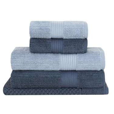 Imagem de Jogo de Toalhas de Banho Caneladas Fio Penteado 5 Peças 100% Algodão Alta Absorção(Azul)