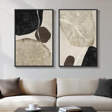 Imagem de Arte de parede abstrata neutra emoldurada, 2 peças grandes modernas pretas bege marrom impressões em tela arte para paredes, imagens minimalistas em forma de pedra para sala de estar, sala de jantar