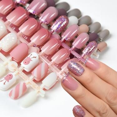 Imagem de 10 unidades de unhas curtas de pressão, pré-design de cores mistas, unhas postiças brilhantes, salão de beleza, rosa, roxo e branco, presentes de unhas diárias para mulheres e meninas com abas