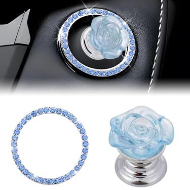 Imagem de LuneClat Capa de botão push to start de rosa azul - capa de flor de resina para iniciantes e decalque de anel decorativo brilhante, acessórios de interior de carro, botões de partida/parada do motor