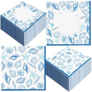 Imagem de FYSUIMU Guardanapos de papel descartáveis, 50 peças, concha do mar, estrela-do-mar, sobremesa, jantar, guardanapo de mão, para verão, praia, festa, casamento, chá de bebê, artigos de festa