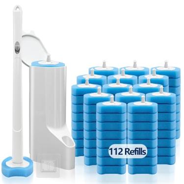 Imagem de Escova de vaso sanitário descartável com 112 recargas, varinha e suporte para vaso sanitário, escova de limpeza branca para vaso sanitário, kit de varinha de vaso sanitário para vaso sanitário