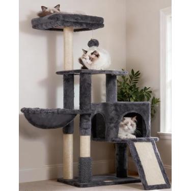 Imagem de Heybly Árvore de gato com escova autotosadora para gatos, condomínio de torre de gato para gatos internos com poleiro de pelúcia acolchoado, tigela de alimentação, casa de gato com haste de tábua de