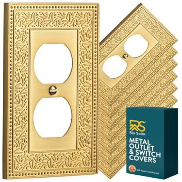 Imagem de Rio Salto Placa de parede de pérola botânica, capa de interruptor de luz de metal dourado, capas decorativas para tomadas de luz (latão escovado, 1 pacote duplo com 8)