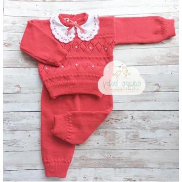 Imagem de Conj Tricô Lã Bebê Agasalho Luxo Blusa com Pérolas (meninas) e Renda B