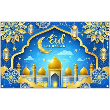Imagem de ZTHMOE Tecido 183 x 109 cm Eid Mubarak Pano de fundo azul dourado muçulmano Ramadã Kareem Lanterna Lua Estrela Castelo Fotografia Fundo Festival Decorações de Festa Foto Banner Adereços