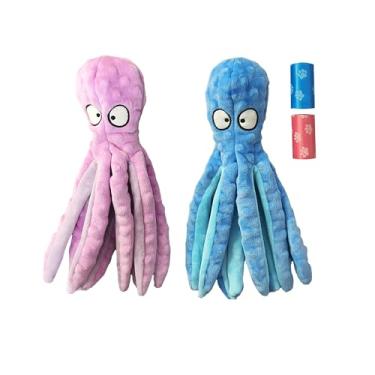 Imagem de PetLike Pacote com 2 brinquedos de polvo estridente para cães - Brinquedos de pelúcia sem enchimento para dentição de filhotes, limpeza de dentes e brincadeiras interativas - cães pequenos a grandes