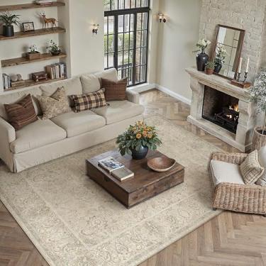 Imagem de HUGEAR Tapetes de área laváveis à máquina vintage bege - tapete neutro para sala de estar e quarto, antiderrapante, resistente a manchas, tapete estético para crianças e animais de estimação