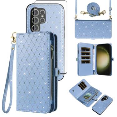 Imagem de Capa de celular para Samsung Galaxy S23 Ultra 5G com zíper carteira de celular com alça protetora de tela de vidro temperado com glitter flip compartimento para cartão S23Ultra 23S S 23 23Ultra 17.3