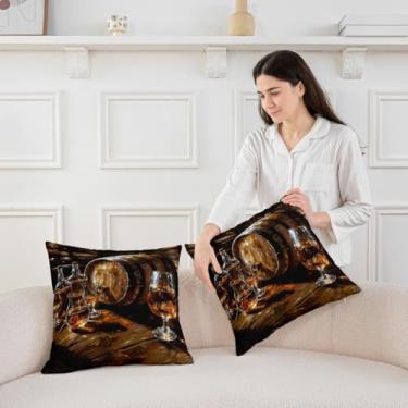Imagem de Capa de almofada infantil Whisky, capa de almofada dupla face retrô rústica de grão de madeira com barra de vidro de cerveja vinho tempo marrom preto sofá capa de almofada, pacote com 2 45,72 cm x