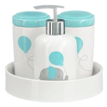 Imagem de Kit Higiene Bebê Porta Sabonete Líquido Bandeja Algodão Banheiro Lavab