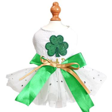 Imagem de MQQYLBHDS Vestido de Dia de São Patrício para cães pequenos, tutu, trevo da sorte, com gravata borboleta, roupas para filhotes, roupas femininas para animais de estimação e gatos (verde, GG)