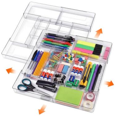 Imagem de Briwooody 2 peças, 2 organizadores de gaveta de acrílico expansíveis, 9 divisórias de gaveta transparentes ajustáveis de grade quadrada para mesa, maquiagem, joias, escritório, utensílios de cozinha