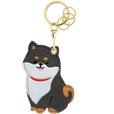 Imagem de Capa MC Fashion de couro PU compatível com AirTag, estojo de rastreador GPS fofo de animal de estimação, gato e cachorro, chaveiro (preto Shiba Inu)