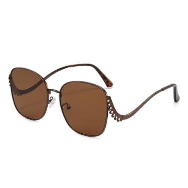 Imagem de HPIRME Óculos retrô de armação grande com lentes degradê e detalhes cravejados, armação de metal luxuosa e moderna com proteção UV (marrom)