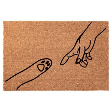 Imagem de Engraçado tapete de porta de boas-vindas - pata e mão estendendo a mão natural coco coco capacho resistente suporte frontal bonito antiderrapante porta frontal entrada e exterior, marrom 23,6 x 15,7