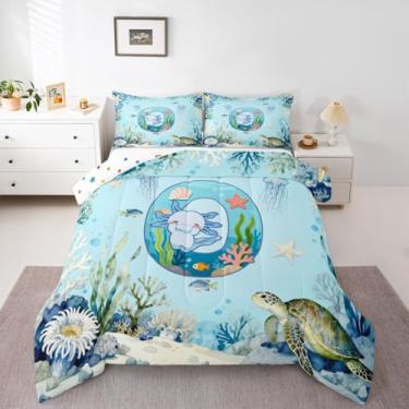 Imagem de Erosebridal Conjunto de edredom fofo com letra O, tamanho casal, para crianças, meninos, meninas, azul, desenho axolotl, mundo subaquático, oceano, salamandra, edredom fofo