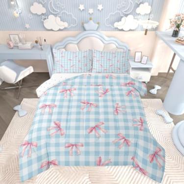 Imagem de jejeloiu Conjunto de edredom casal com laço, azul, rosa, para crianças, meninos, meninas, edredom com laço colorido, decoração de quarto de microfibra, 3 peças com 2 fronhas