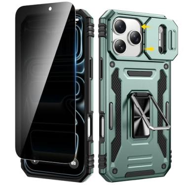 Imagem de VEGO Capa para iPhone 17 Pro com suporte, capa de câmera deslizante e protetor de tela de vidro temperado de privacidade e suporte de anel capa de proteção resistente para iPhone 17 Pro - verde claro