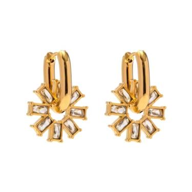 Imagem de Brincos de argola de flor CZ banhados a ouro amarelo 18K, design geométrico estilo art déco com pedras baguete transparentes, joias modernas para mulheres, banhado a ouro 18 quilates sobre aço