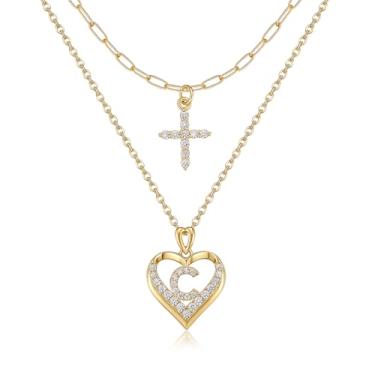 Imagem de YOVIEE Colar com letra inicial para mulheres, banhado a ouro 14 K, zircônia cúbica, coração, conjunto de colar com pingente de cruz, colar, moderno, fofo, gargantilha, colar, joia presente para ela