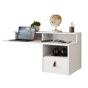 Imagem de Mesa Estudo Suspensa Escrivaninha Parede Home Office Notebook Gaveta Couro Escritório Quarto Móveis(BRANCO BRILHO)