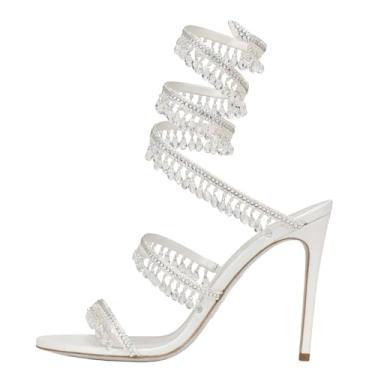 Imagem de Fuazuzu Sandálias de salto alto com tiras de strass para mulheres, bico redondo aberto com cadarço para vestido de festa de formatura de casamento, Branco, 35