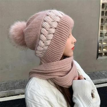 Imagem de Gorro E Cachecol Feminino De Inverno Quente Em Tricô, Corta-Vento, Elá