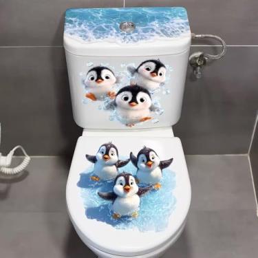 Imagem de Adesivo de cobertura de vaso sanitário pinguim pinguins dançando engraçado animal adesivo autoadesivo para tampa de vaso sanitário primavera verão adesivos para banheiro geladeira decoração de parede