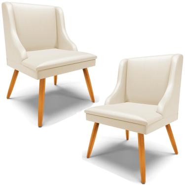 Imagem de Kit 2 Poltronas Decorativas Pés Palito de Madeira Firenze PU Bege/Natural - Gran Belo