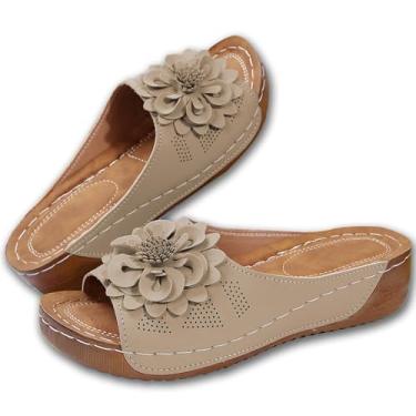 Imagem de RiceelSor Sandálias femininas elegantes de flor ortopédica plataforma casual confortável com bico aberto, com suporte de arco, chinelos de praia boho de verão, Bege, 40