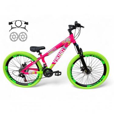 Imagem de Bicicleta Aro 26 Vikingx Tuff X25 Freeride Freio Hidráulico 21v Aros Vmaxx Dh Pneu Flame - Rosa-verde