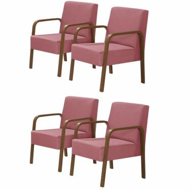 Imagem de Kit 4 Poltrona 1 Lugar Jade Braço Madeira Suede Rosa.