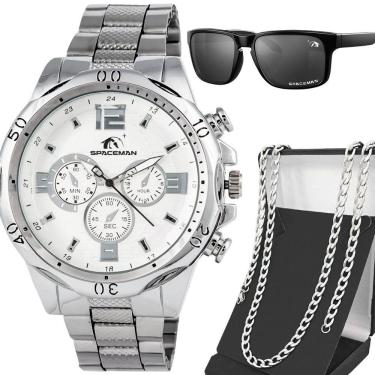 Imagem de Relogio Aço Inoxidável Masculino Prata + Oculos Sol + Cordao Casual Original Proteção Uv Ponteiro