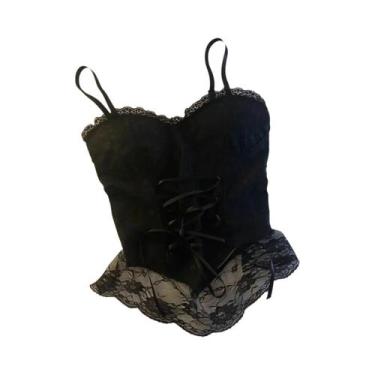 Imagem de Camiseta Cropped Feminina Sexy De Renda Com Alças Finas E Estilo Corse