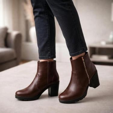 Imagem de Bota Feminina Cano Curto Strass Brilho Salto Bloco Grosso Alto Confort