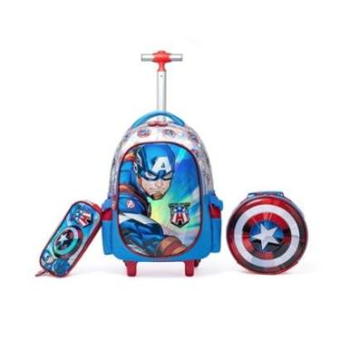 Imagem de Kit Mochila Lancheira Estojo Capitão America Masculino Infantil Escolar Rodinha Marvel-...