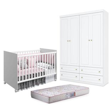 Imagem de Berço Nacional Mel Branco Acetinado - Reller E Guarda Roupa Infantil Americano 4 Portas...