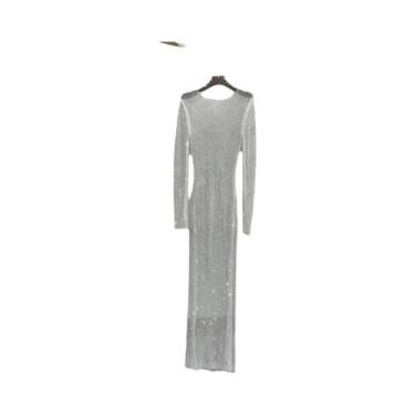 Imagem de Vestido Transparente De Manga Longa Com Strass E Malha, Decote Redondo