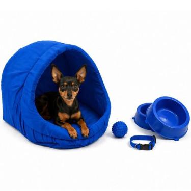 Imagem de Kit Cama Toca Iglu Pet Médio com Comedouro Coleira Bolinha Fofos - Sup