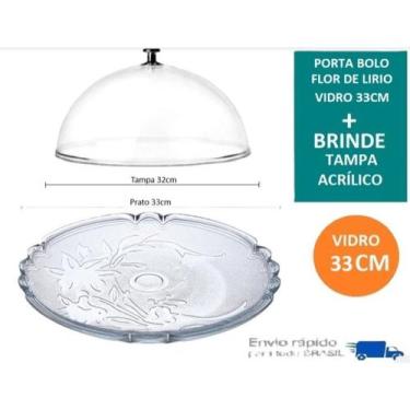 Imagem de Boleira Vidro 33cm Prato Porta Bolo Flor De Lírio Vitazza + Brinde Tam