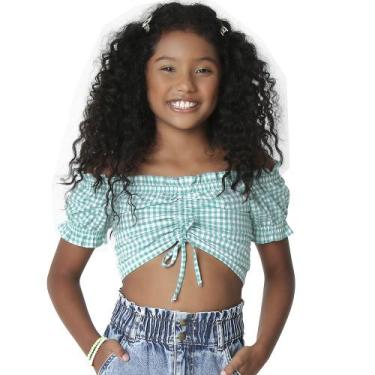 Imagem de Blusa Juvenil Look Jeans Cropped Xadrez, Verde, 10