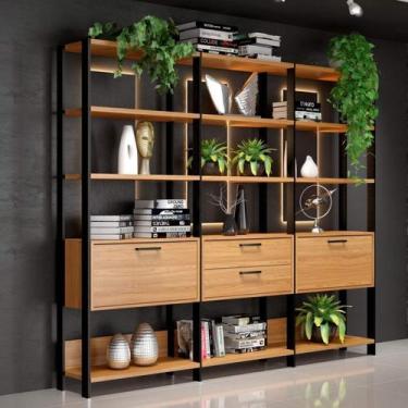 Imagem de Estante Industrial 2 Portas 2 Gavetas 100% MDF 216cm Marrom/Freijó/Pre