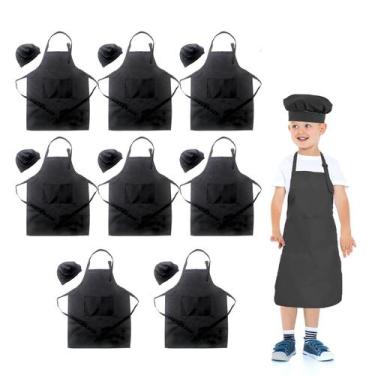 Imagem de Conjunto de 8 aventais pretos e chapéus de chef para crianças de 4 a 1