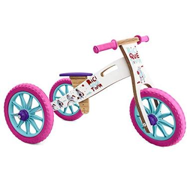 Imagem de Triciclo de Madeira 2 em 1 sem Pedal (vira Bicicleta de Equilíbrio) - Unicórnio Rosa e Azul - Biciquetinha