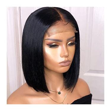 Imagem de zlw-shop Perucas curtas de cabelo humano liso liso para mulheres negras, perucas com tela frontal 4x1, 150% densidade de cabelo humano brasileiro liso Bob perucas cor natural